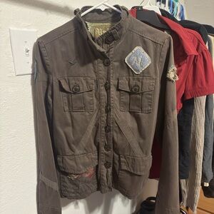 UNIT Brand Military Jacket Women's Size Large Olive Green Patches Embroidered